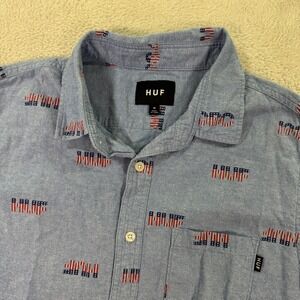 Huf Shirt Men Medium Blue Allover Spellout USA‎ Single Chest Pocket Button Down